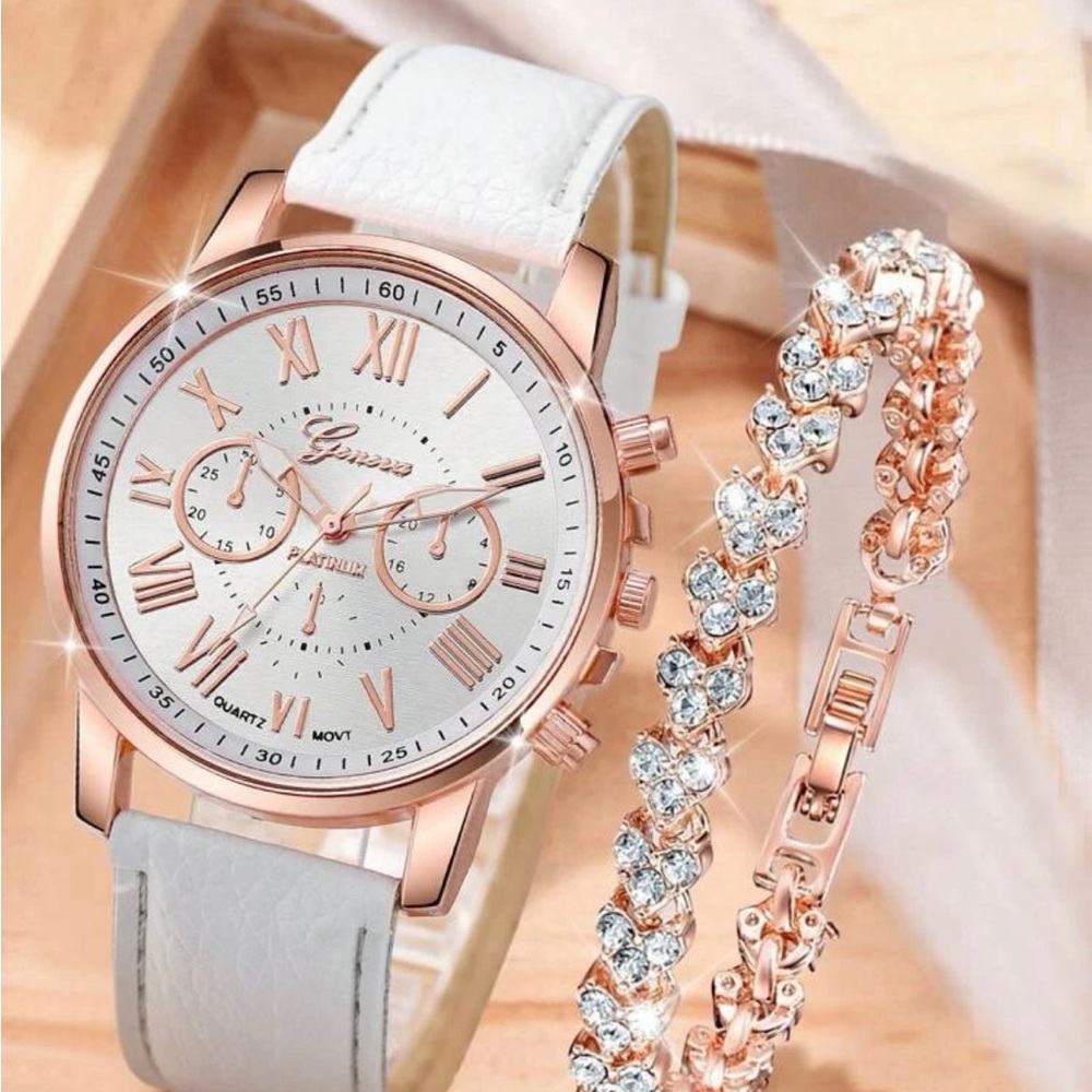 White and rose gold accent wrist watch with rhinestone decorative bracelet.